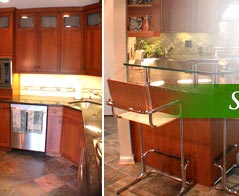 Partial photos of a kitchen with brown cabinetry