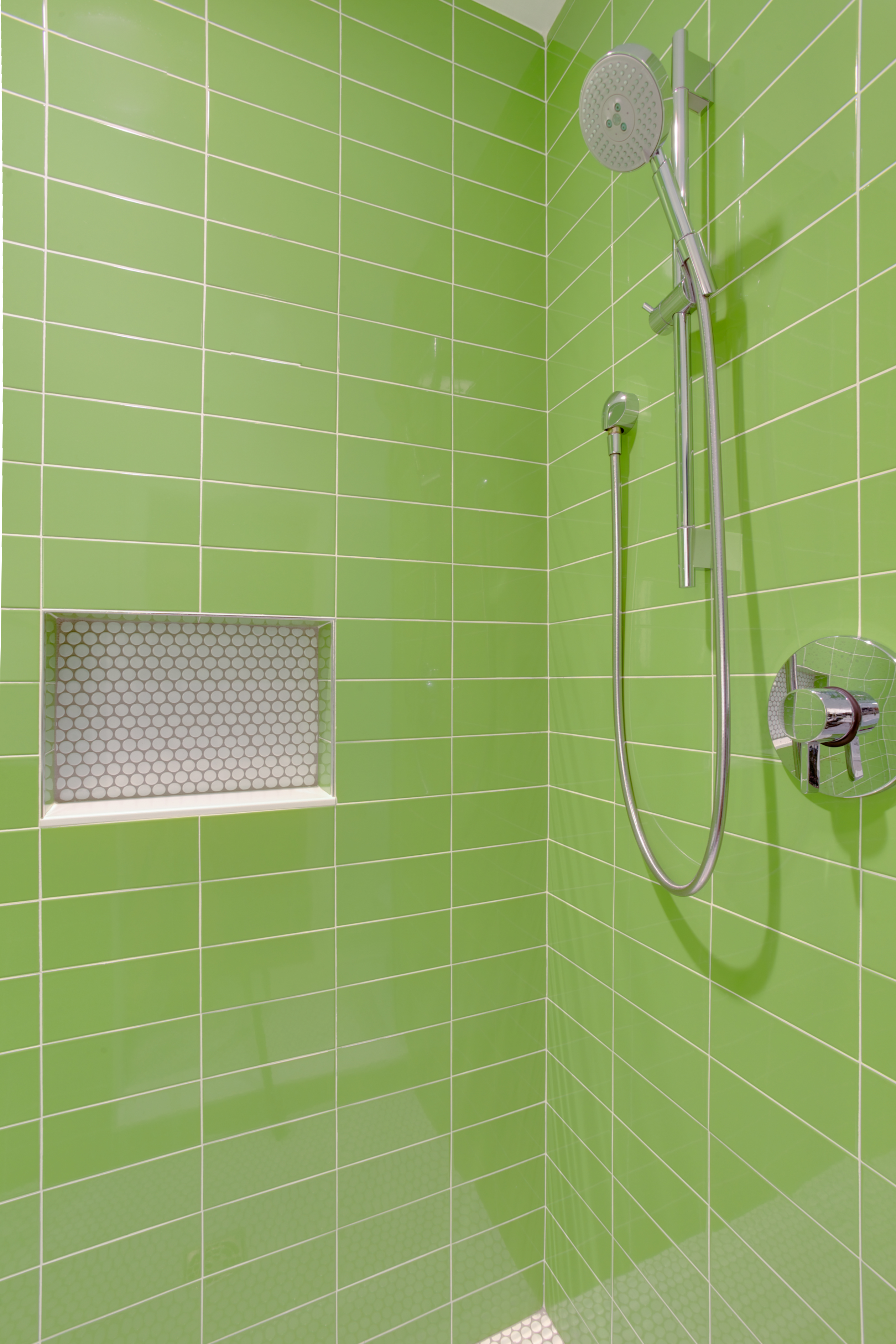 Green tile walk-in shower with white vanity - view 3
